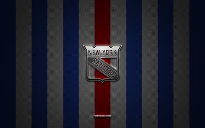 logo des rangers de new york, équipe de hockey américaine, nhl, fond carbone blanc bleu, emblème des rangers de new york, hockey, logo en métal argenté des rangers de new york, rangers de new york