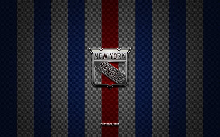 New York Rangers logo, american hockey team, NHL, blue white carbon background, New York Rangers emblem, hockey, New York Rangers silver metal logo, New York Rangers
