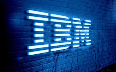 IBM neon logo, 4k, blue brickwall, grunge art, creative, logo on wire, IBM blue logo, IBM logo, artwork, IBM