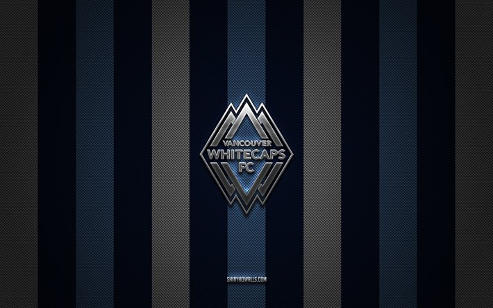 Vancouver Whitecaps logo, Canadian soccer club, MLS, blue white carbon background, Vancouver Whitecaps emblem, soccer, Vancouver Whitecaps, USA, Major League Soccer, Vancouver Whitecaps silver metal logo