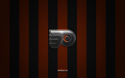 logotipo de los philadelphia flyers, equipo de hockey americano, nhl, fondo de carbono negro naranja, emblema de los philadelphia flyers, hockey, logotipo de metal plateado de los philadelphia flyers, philadelphia flyers