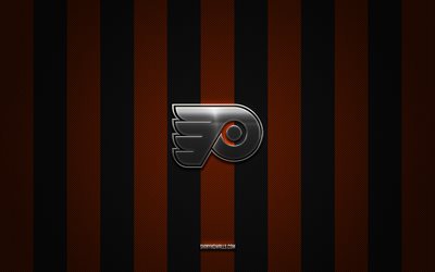 philadelphia flyers logosu, amerikan hokey takımı, nhl, turuncu siyah karbon arka plan, philadelphia flyers amblemi, hokey, philadelphia flyers gümüş metal logosu, philadelphia flyers