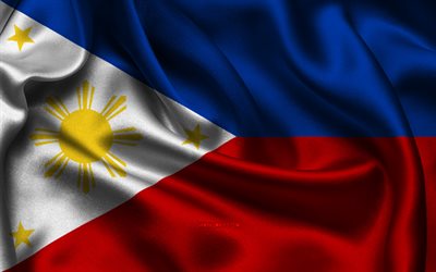 Philippines flag, 4K, Asian countries, satin flags, flag of Philippines, Day of Philippines, wavy satin flags, Philippines national symbols, Asia, Philippines