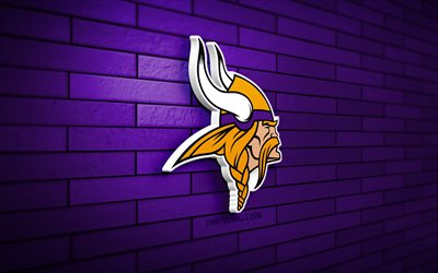logo 3d des vikings du minnesota, 4k, mur de brique violet, nfl, football américain, logo des vikings du minnesota, équipe de football américain, logo de sport, vikings du minnesota