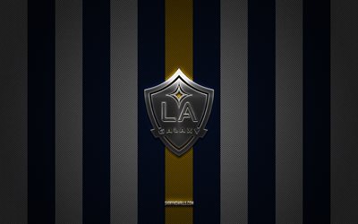 شعار la galaxy, نادي كرة القدم الأمريكي, mls, خلفية الكربون الأصفر الأزرق, كرة القدم, لوس انجليس جالاكسي, الولايات المتحدة الأمريكية, دوري كرة القدم, شعار la galaxy المعدني الفضي