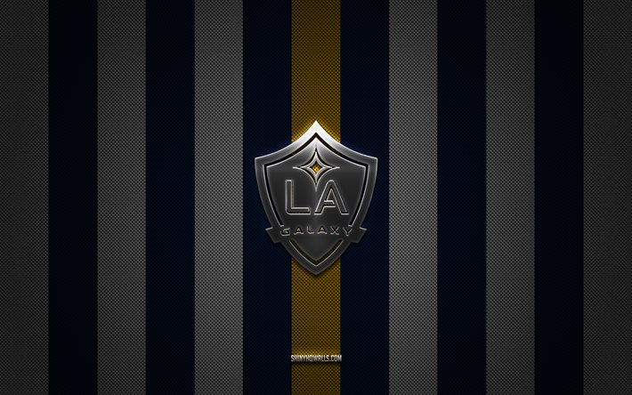 LA Galaxy logo, American soccer club, MLS, blue yellow carbon background, LA Galaxy emblem, soccer, LA Galaxy, USA, Major League Soccer, LA Galaxy silver metal logo, Los Angeles Galaxy