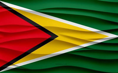 4k, Flag of Guyana, 3d waves plaster background, Guyana flag, 3d waves texture, Guyana national symbols, Day of Guyana, North America countries, 3d Guyana flag, Guyana, North America