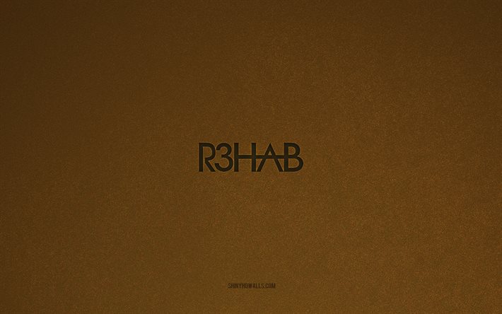 r3habのロゴ, 4k, 音楽のロゴ, r3habのエンブレム, 茶色の石のテクスチャ, r3ハブ, 音楽ブランド, r3habサイン, 茶色の石の背景, ファディル・エル・グール