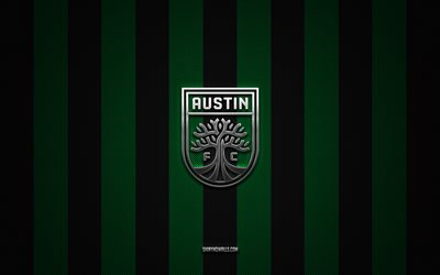 شعار نادي أوستن, نادي كرة القدم الأمريكي, mls, خلفية الكربون الأسود الأخضر, كرة القدم, أوستن إف سي, الولايات المتحدة الأمريكية, دوري كرة القدم, أوستن fc شعار معدني فضي
