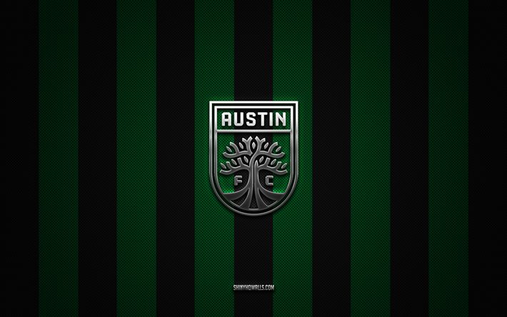 austin fc logotipo, clube de futebol americano, mls, verde preto carbono de fundo, austin fc emblema, futebol, austin fc, eua, major league soccer, austin fc logotipo de metal prateado