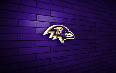 baltimore ravens logotipo 3d, 4k, violeta brickwall, nfl, futebol americano, baltimore ravens logotipo, time de futebol americano, logotipo esportivo, baltimore ravens