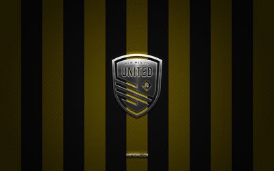 New Mexico United logo, American soccer club, USL, yellow black carbon background, New Mexico United emblem, soccer, New Mexico United, USA, United Soccer League, New Mexico United silver metal logo