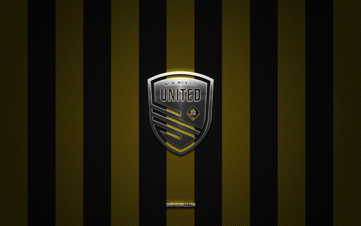 new mexico united logosu, amerikan futbol kulübü, usl, sarı siyah karbon arka plan, new mexico united amblemi, futbol, new mexico united, abd, united futbol ligi, new mexico united gümüş metal logo