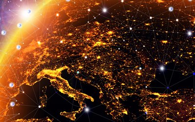 europa dallo spazio di notte, 4k, concetto di reti, luci della città, reti sociali, reti europee, griglia digitale, europa, vista dall alto, comunicazioni, tecnologie di comunicazione digitale