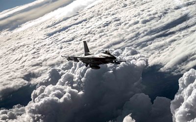 제너럴 다이내믹스 f-16 파이팅 팰콘, 미공군, 미국 전투기, 구름 위에, 하늘을 나는 f-16, 전투기, f-16, 미국