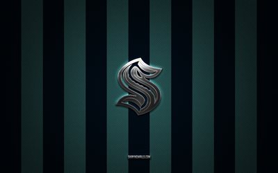 seattle kraken-logo, amerikanisches hockeyteam, nhl, blauer kohlenstoffhintergrund, seattle kraken-emblem, hockey, seattle kraken-silbermetalllogo, seattle kraken