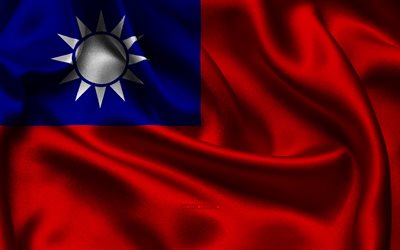 drapeau de taïwan, 4k, les pays d asie, les drapeaux de satin, le drapeau de taïwan, le jour de taïwan, les drapeaux de satin ondulés, le drapeau taïwanais, les symboles nationaux taïwanais, l asie, taïwan