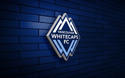 logo 3d des whitecaps de vancouver, 4k, mur de briques bleu, mls, football, club de soccer canadien, logo des whitecaps de vancouver, whitecaps de vancouver, logo de sport, whitecaps de vancouver fc