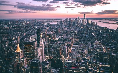 new york city, 4k, sera, skyline di paesaggi urbani, tramonto cremisi, edifici moderni, città americane, new york, grattacieli, panorama di new york, paesaggio urbano di new york, usa