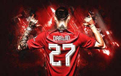 darwin nunez, o liverpool fc, uruguaio jogador de futebol, pedra vermelha de fundo, número 27 em liverpool, premier league, inglaterra, futebol
