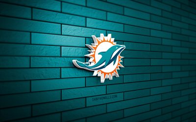 logo 3d des dolphins de miami, 4k, mur de briques bleu, nfl, football américain, logo des dolphins de miami, équipe de football américain, logo de sport, dolphins de miami