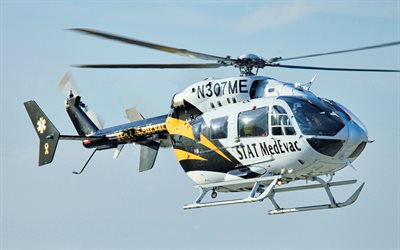 eurocopter ec145, 4k, mehrzweckhubschrauber, zivilluftfahrt, weißer hubschrauber, luftfahrt, ec145, eurocopter, bilder mit hubschrauber
