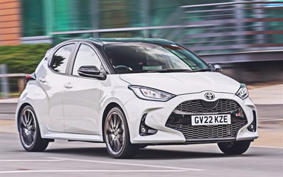 Toyota Yaris GR Sport, 4k, motion blur, 2022 cars, UK-spec, White Toyota Yaris, japanese cars, Toyota