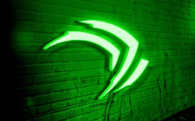 logo al neon nvidia, 4k, muro di mattoni verde, arte grunge, creativo, logo su filo, logo verde nvidia, logo nvidia, opera d arte, nvidia