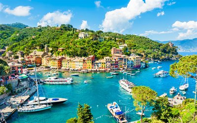 portofino, 4k, le paradis, le port, les villes italiennes, l europe, l italie, l été, la belle nature, le panorama de portofino, la riviera italienne, le paysage urbain de portofino