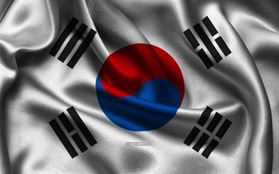 韓国の旗, 4k, アジア諸国, サテンフラグ, 韓国の国旗, 韓国の日, 波状のサテンの旗, 韓国国旗, 韓国の国のシンボル, アジア, 韓国