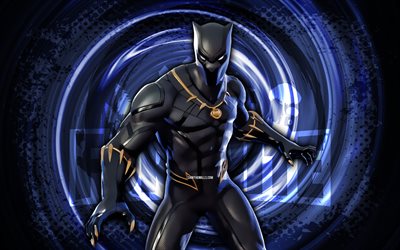 4k, black panther, fortnite, sfondo a spirale blu grunge, fortnite black panther skin, personaggio di black panther fortnite, black panther fortnite, personaggi fortnite, grunge art, black panther skin