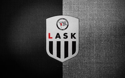 distintivo lask, 4k, sfondo in tessuto bianco nero, bundesliga austriaca, logo lask, stemma lask, logo sportivo, squadra di calcio austriaca, lask, calcio, lask fc