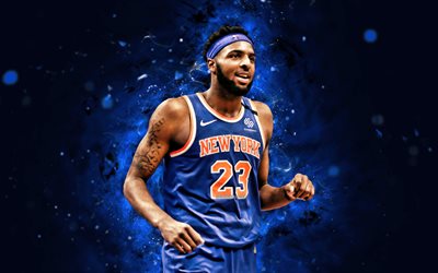 Mitchell Robinson, 4k, blue neon lights, New York Knicks, NBA, basketball, Mitchell Robinson 4K, blue abstract background, Mitchell Robinson New York Knicks