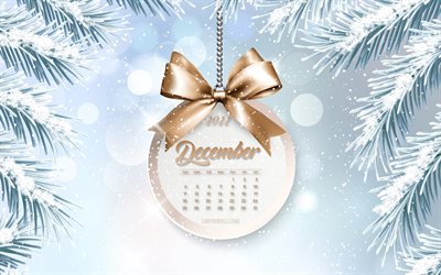 2022 December Calendar, 4k, winter background, 2022 concepts, snow, December 2022 Calendar, 2022 calendars, December, bronze silk bow