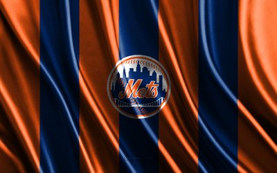 4k, mets de nova york, mlb, textura de seda laranja azul, bandeira do mets de nova york, time de beisebol americano, beisebol, bandeira de seda, emblema do new york mets, eua, distintivo do new york mets