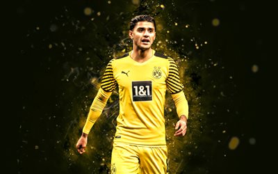 Mahmoud Dahoud, 4K, 2022, Borussia Dortmund FC, yellow neon lights, german footballers, BVB, soccer, Bundesliga, football, Mahmoud Dahoud BVB, Mahmoud Dahoud 4K