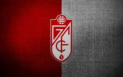 グラナダ cf バッジ, 4k, 赤白い布の背景, ラ・リーガ2, グラナダcfのロゴ, グラナダcfのエンブレム, スポーツのロゴ, グラナダcfの旗, スペインのサッカークラブ, グラナダcf, ラ リーガ 2, サッカー, フットボール, グラナダfc