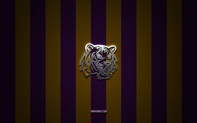 logo delle tigri della lsu, squadra di football americano, ncaa, sfondo di carbonio viola, emblema delle tigri della lsu, calcio, tigri della lsu, stati uniti d'america, logo lsu tigers in metallo argentato