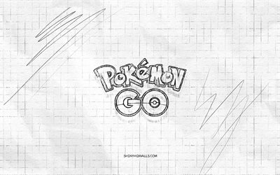 logo dello schizzo di pokemon go, 4k, sfondo di carta a scacchi, logo nero di pokemon go, marchi di giochi, schizzi di logo, logo pokemon go, disegno a matita, pokemon vai