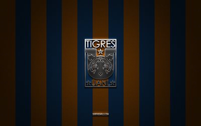escudo tigres uanl, seleccion mexicana de futbol, liga mx, fondo de carbono azul naranja, fútbol, tigres uanl, méxico, logotipo de metal plateado de tigres uanl