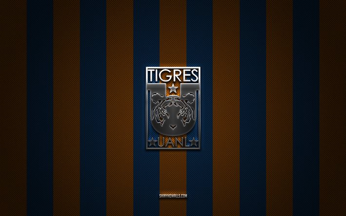 logo tigres uanl, équipe mexicaine de football, ligue mx, fond de carbone bleu orange, emblème tigres uanl, football, tigres uanl, mexique, logo tigres uanl en métal argenté