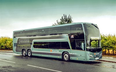 panorama de plaxton, 4k, route, 2022 bus, autobus à deux étages, bus bleu, le transport des passagers, autobus de passagers, plaxton