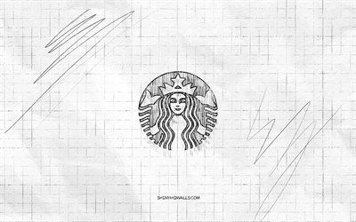Starbucks sketch logo, 4K, checkered paper background, Starbucks black logo, brands, logo sketches, Starbucks logo, pencil drawing, Starbucks