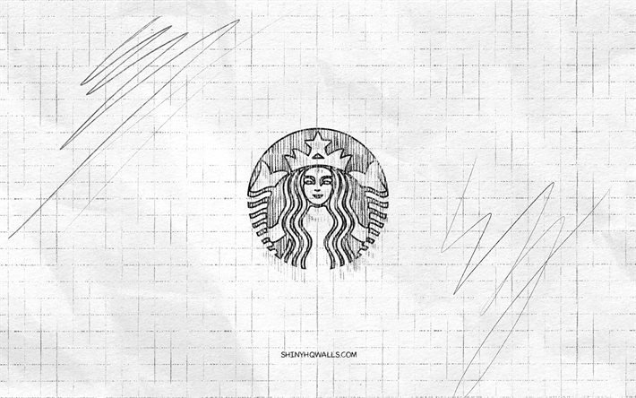 Starbucks sketch logo, 4K, checkered paper background, Starbucks black logo, brands, logo sketches, Starbucks logo, pencil drawing, Starbucks