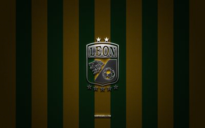 logo du club léon, équipe mexicaine de football, ligue mx, fond de carbone vert jaune, emblème du club léon, football, club léon, mexique, logo club leon en métal argenté