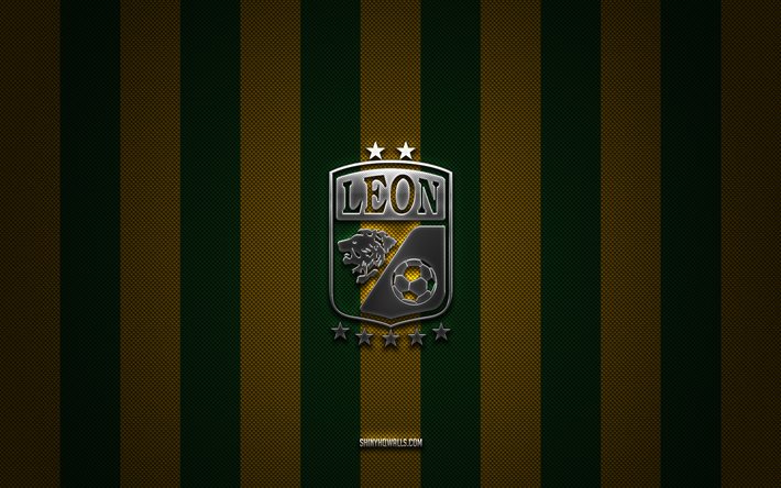 logo del club leon, squadra di calcio messicana, liga mx, sfondo di carbonio giallo verde, stemma del club leon, calcio, club león, messico, logo club leon in metallo argentato