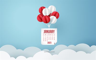 calendário de janeiro de 2023, 4k, balões de origami, céu azul, janeiro, conceitos de 2023, elementos de papel, nuvens