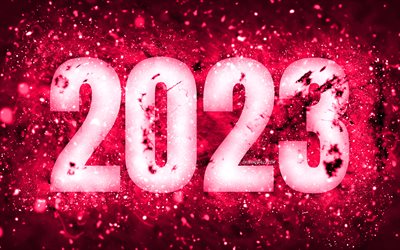 feliz ano novo 2023, 4k, luzes de neon rosa, conceitos de 2023, 2023 feliz ano novo, arte neon, criativo, fundo rosa 2023, 2023 ano, 2023 dígitos rosa