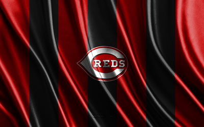 4k, Cincinnati Reds, MLB, red black silk texture, Cincinnati Reds flag, American baseball team, baseball, silk flag, Cincinnati Reds emblem, USA, Cincinnati Reds badge