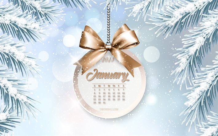 calendario gennaio 2023, 4k, sfondo invernale, concetti del 2023, neve, calendari 2023, gennaio, fiocco di seta bronzo